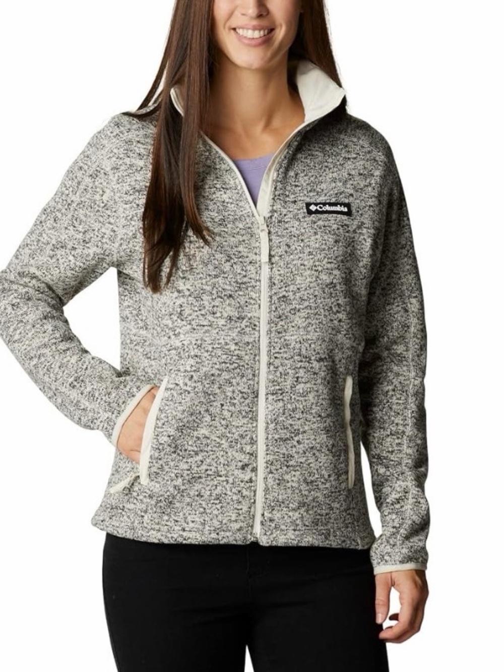 Columbia gray white fleece full zip sweater women’s size medium elastic waist